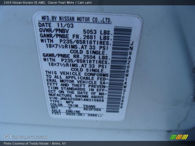 Glacier Pearl White / Cafe Latte 2004 Nissan Murano SE AWD