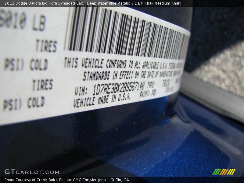 Deep Water Blue Metallic / Dark Khaki/Medium Khaki 2011 Dodge Dakota Big Horn Extended Cab