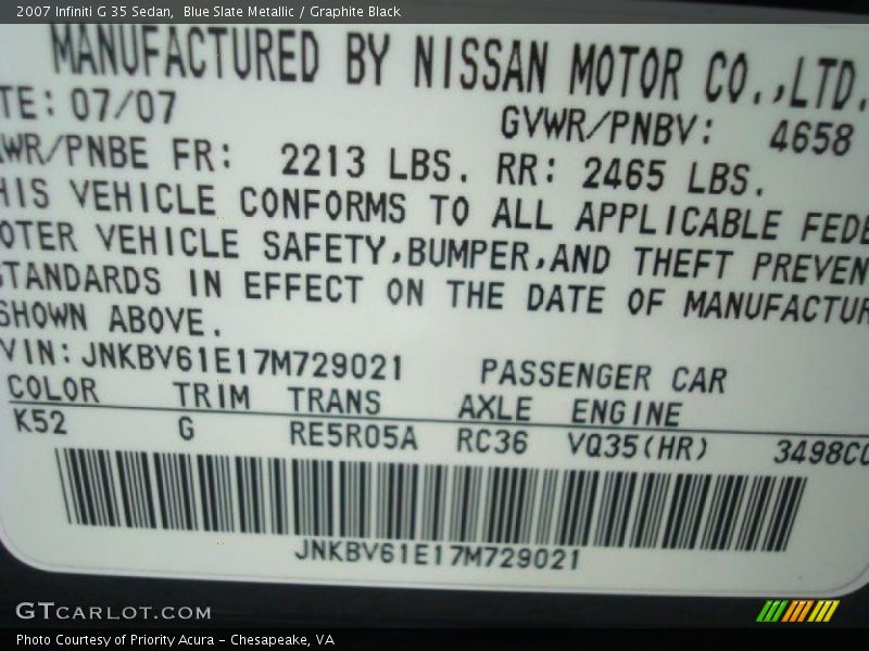 Blue Slate Metallic / Graphite Black 2007 Infiniti G 35 Sedan