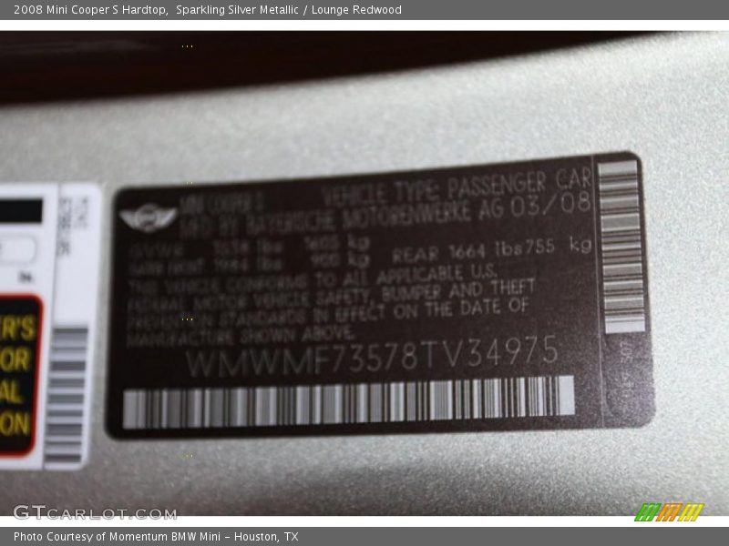 Sparkling Silver Metallic / Lounge Redwood 2008 Mini Cooper S Hardtop