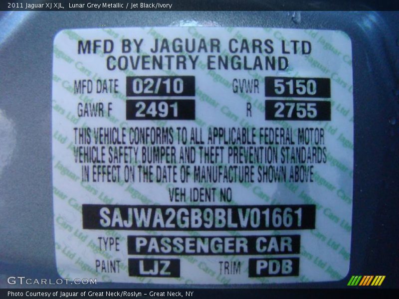 Info Tag of 2011 XJ XJL