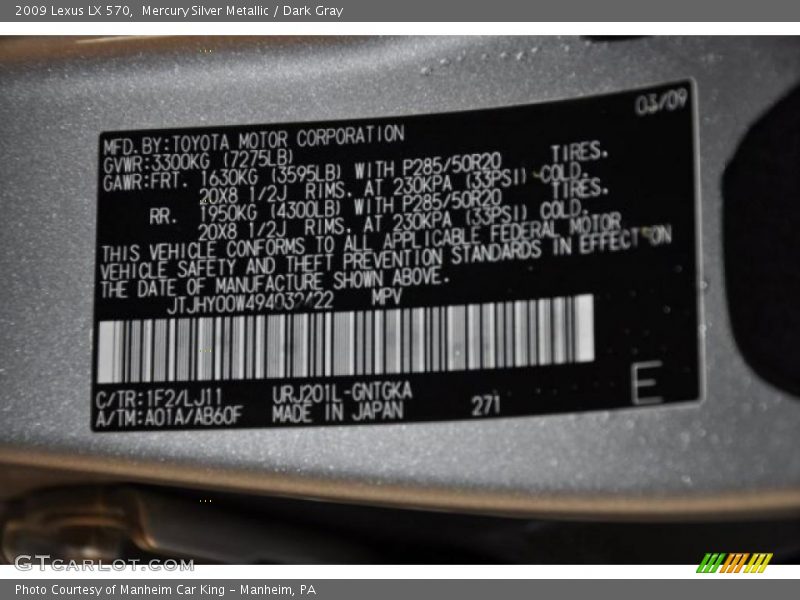 Mercury Silver Metallic / Dark Gray 2009 Lexus LX 570