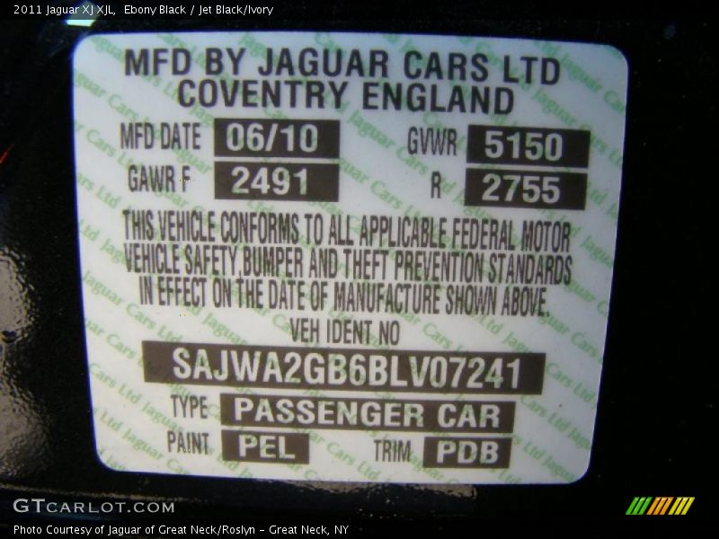 Info Tag of 2011 XJ XJL