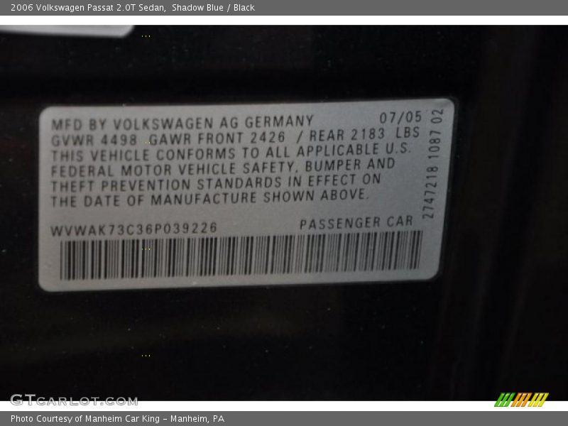 Shadow Blue / Black 2006 Volkswagen Passat 2.0T Sedan
