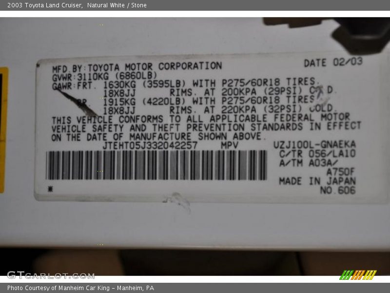 Natural White / Stone 2003 Toyota Land Cruiser