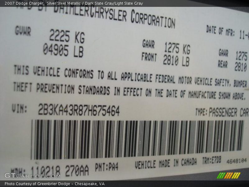Silver Steel Metallic / Dark Slate Gray/Light Slate Gray 2007 Dodge Charger