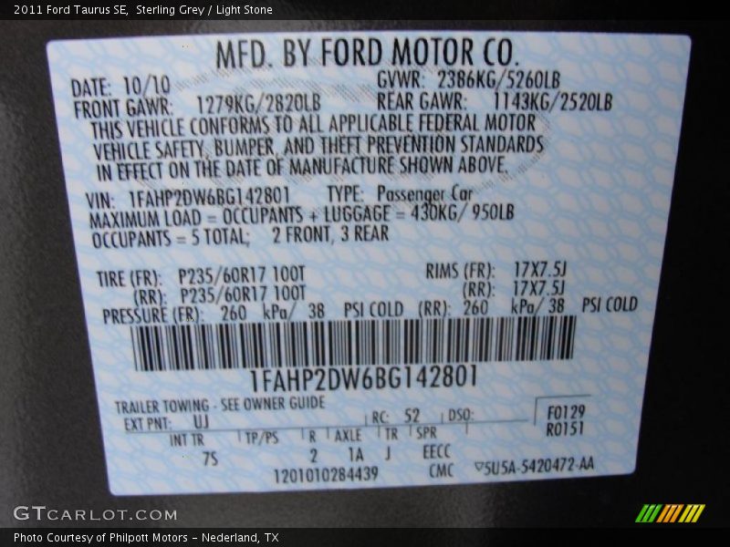 2011 Taurus SE Sterling Grey Color Code UJ
