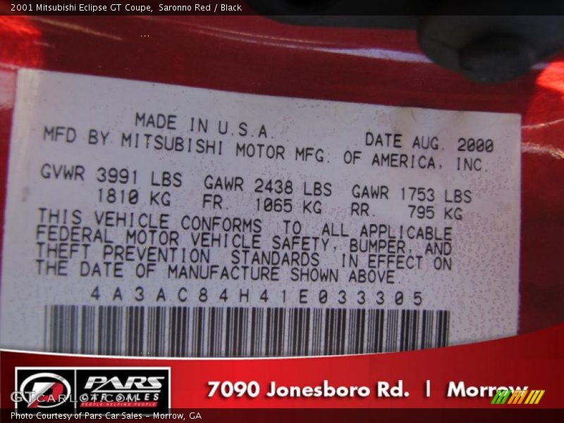 Saronno Red / Black 2001 Mitsubishi Eclipse GT Coupe