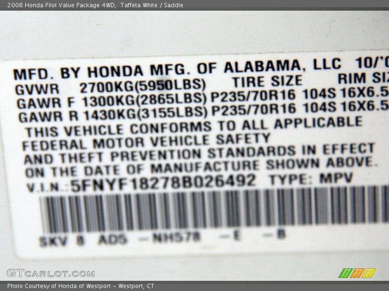 Taffeta White / Saddle 2008 Honda Pilot Value Package 4WD