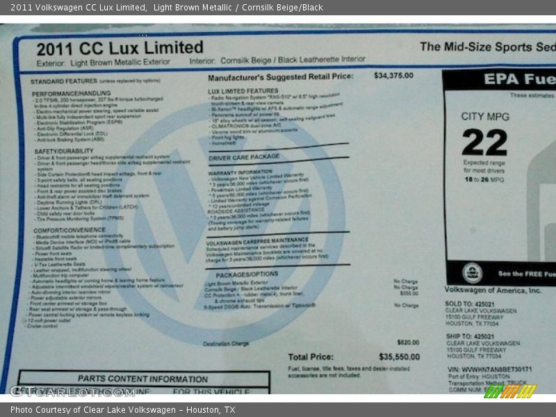  2011 CC Lux Limited Window Sticker