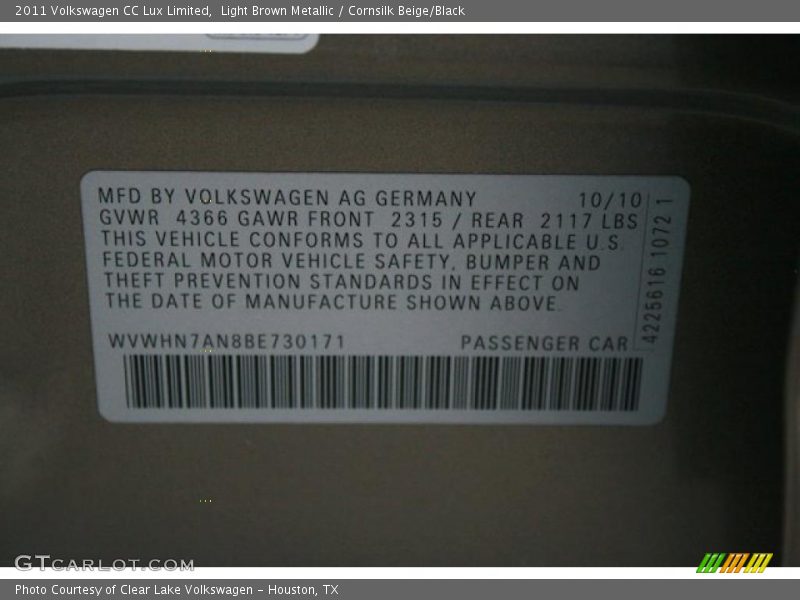 Info Tag of 2011 CC Lux Limited