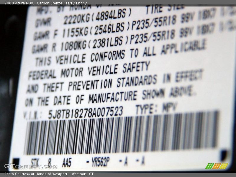 Carbon Bronze Pearl / Ebony 2008 Acura RDX