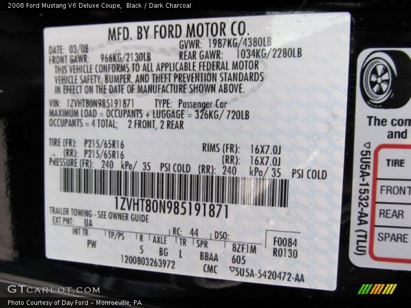 Black / Dark Charcoal 2008 Ford Mustang V6 Deluxe Coupe