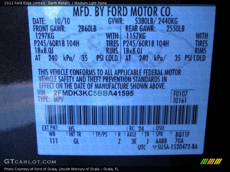 Earth Metallic / Medium Light Stone 2011 Ford Edge Limited
