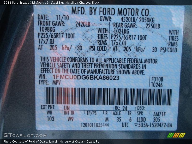 Steel Blue Metallic / Charcoal Black 2011 Ford Escape XLT Sport V6