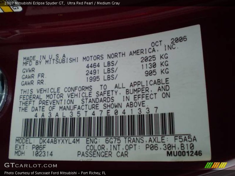 Ultra Red Pearl / Medium Gray 2007 Mitsubishi Eclipse Spyder GT