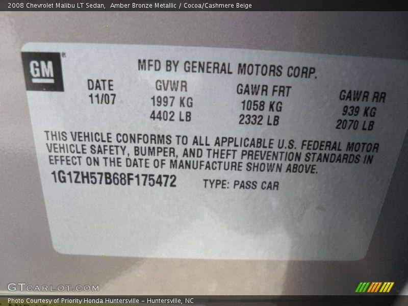 Amber Bronze Metallic / Cocoa/Cashmere Beige 2008 Chevrolet Malibu LT Sedan