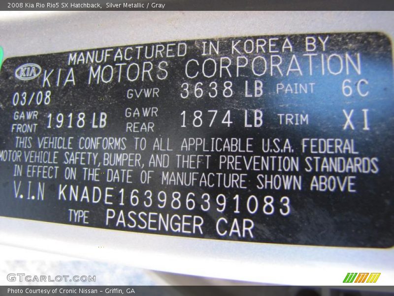 2008 Rio Rio5 SX Hatchback Silver Metallic Color Code 6C