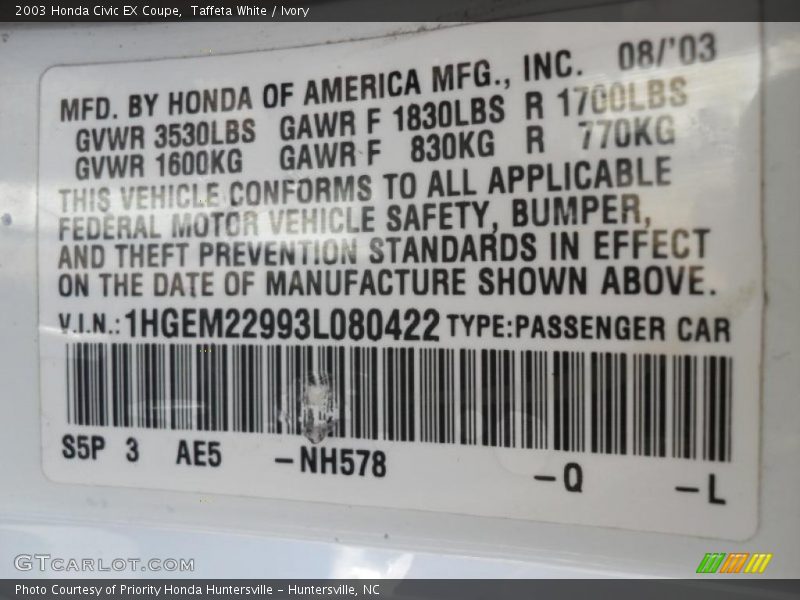 Taffeta White / Ivory 2003 Honda Civic EX Coupe