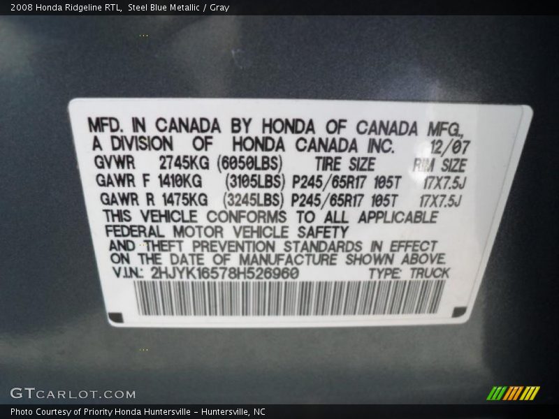 Steel Blue Metallic / Gray 2008 Honda Ridgeline RTL