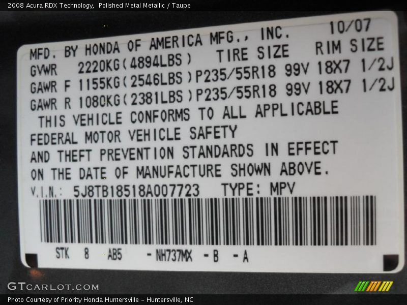 Polished Metal Metallic / Taupe 2008 Acura RDX Technology