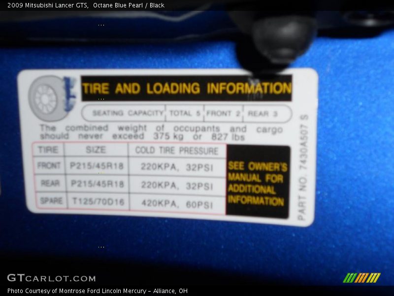 Octane Blue Pearl / Black 2009 Mitsubishi Lancer GTS
