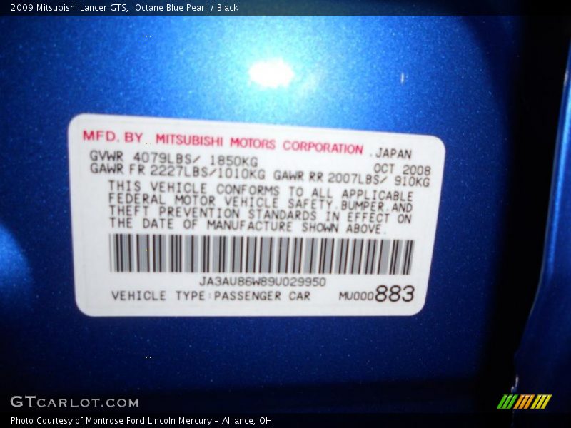 Octane Blue Pearl / Black 2009 Mitsubishi Lancer GTS