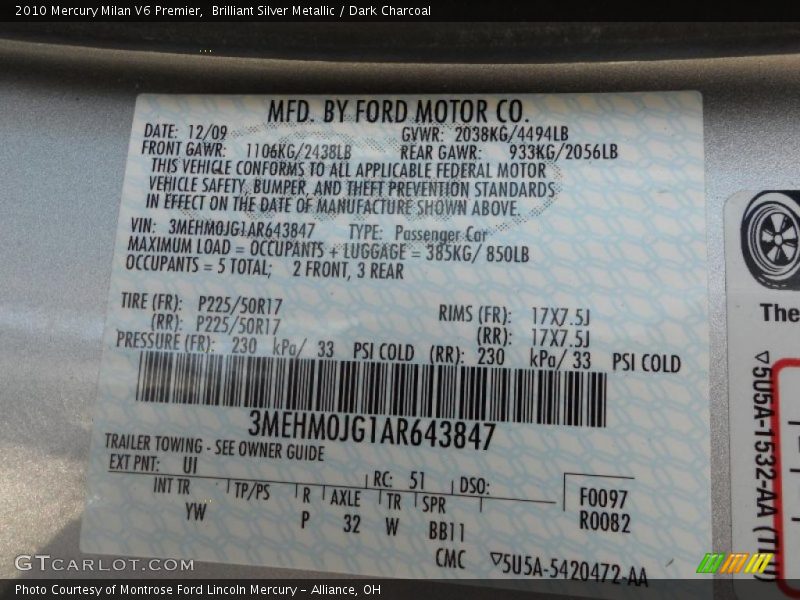 Brilliant Silver Metallic / Dark Charcoal 2010 Mercury Milan V6 Premier