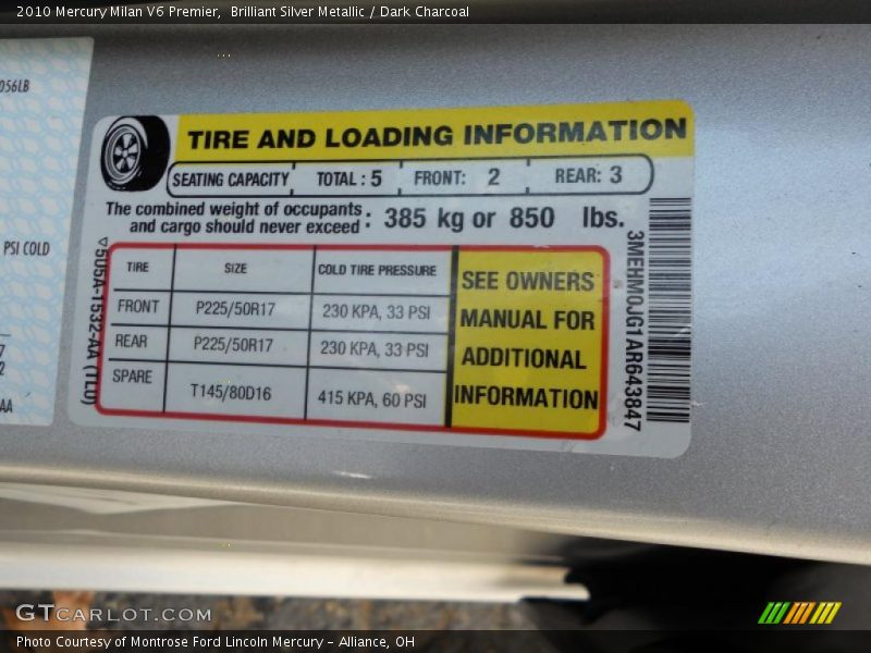 Brilliant Silver Metallic / Dark Charcoal 2010 Mercury Milan V6 Premier