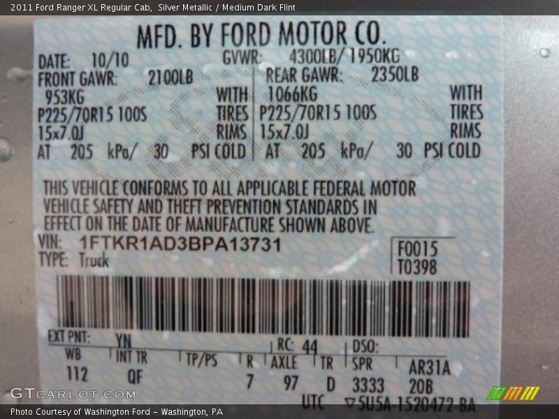 Silver Metallic / Medium Dark Flint 2011 Ford Ranger XL Regular Cab