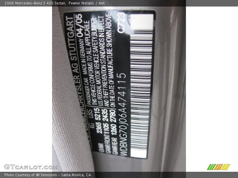 2006 S 430 Sedan Pewter Metallic Color Code 723