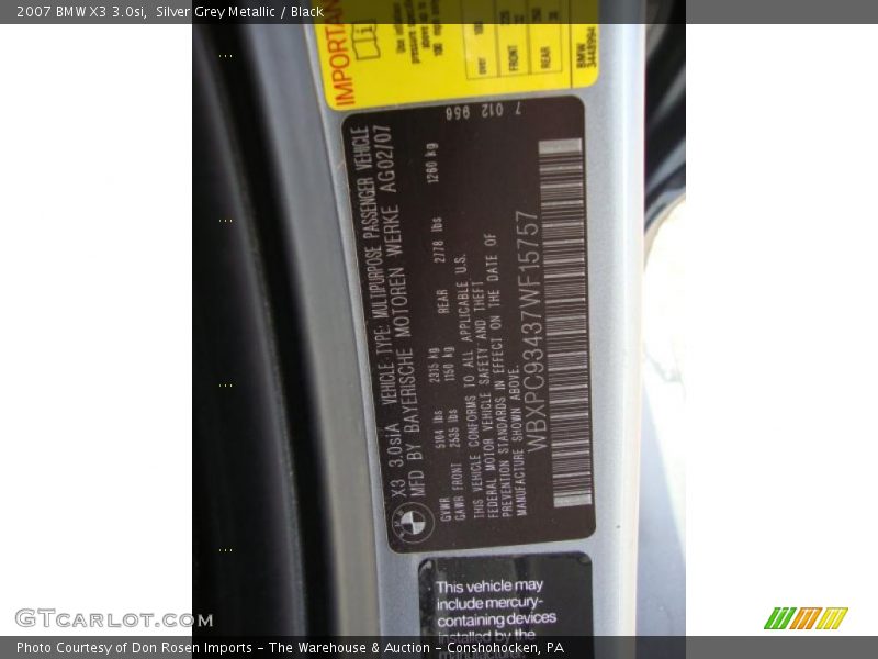 Silver Grey Metallic / Black 2007 BMW X3 3.0si