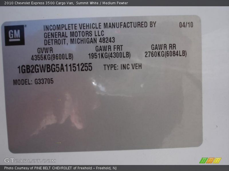 Summit White / Medium Pewter 2010 Chevrolet Express 3500 Cargo Van