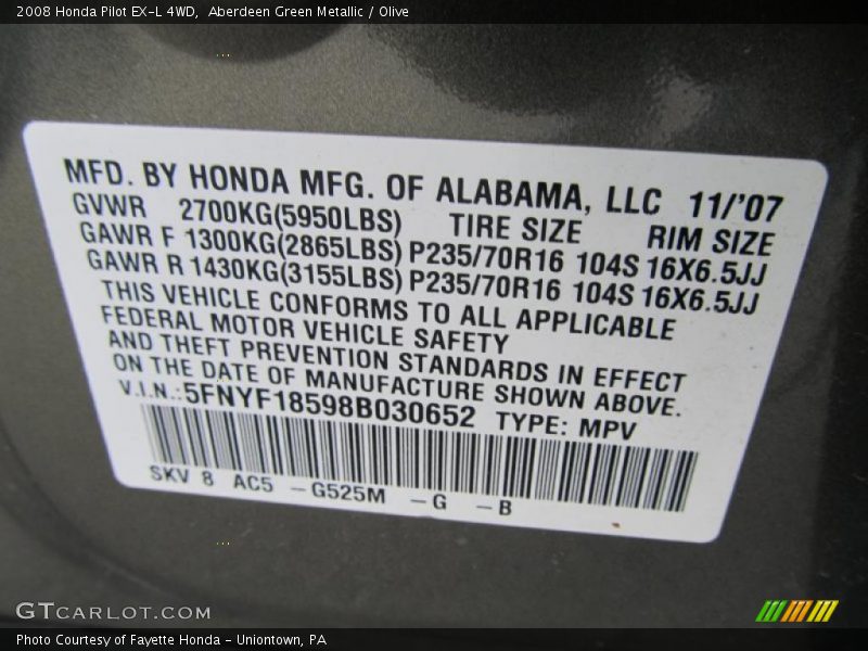 Aberdeen Green Metallic / Olive 2008 Honda Pilot EX-L 4WD