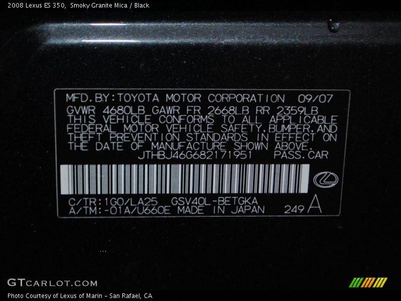 Smoky Granite Mica / Black 2008 Lexus ES 350