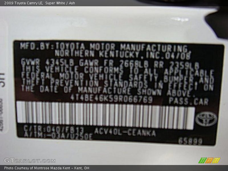 Super White / Ash 2009 Toyota Camry LE