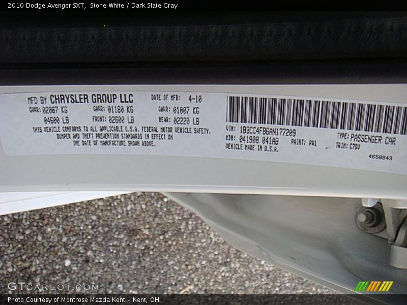 Stone White / Dark Slate Gray 2010 Dodge Avenger SXT