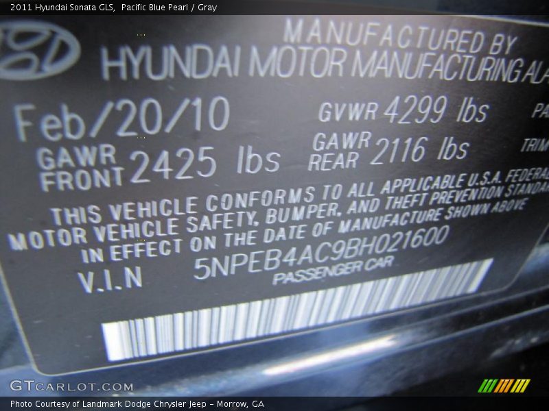 Pacific Blue Pearl / Gray 2011 Hyundai Sonata GLS