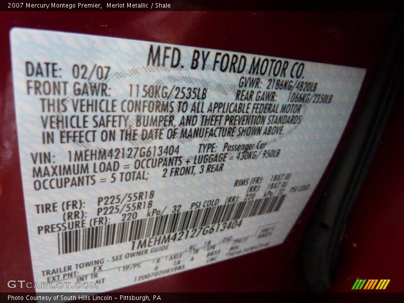 2007 Montego Premier Merlot Metallic Color Code FX