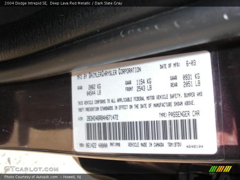Deep Lava Red Metallic / Dark Slate Gray 2004 Dodge Intrepid SE