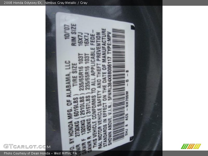Nimbus Gray Metallic / Gray 2008 Honda Odyssey EX