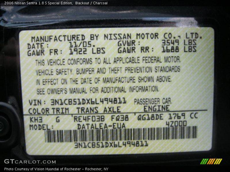 Blackout / Charcoal 2006 Nissan Sentra 1.8 S Special Edition