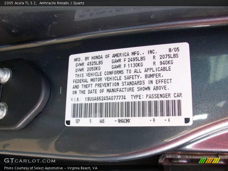 Anthracite Metallic / Quartz 2005 Acura TL 3.2