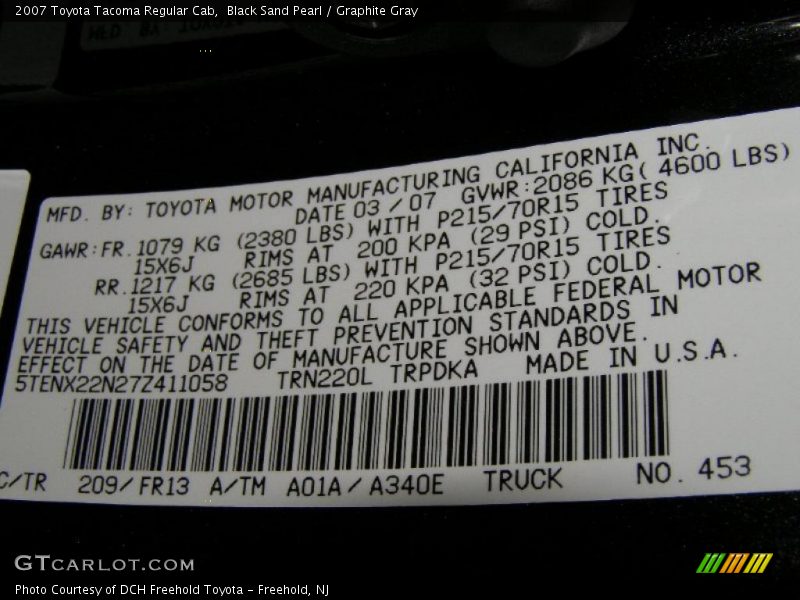 Black Sand Pearl / Graphite Gray 2007 Toyota Tacoma Regular Cab