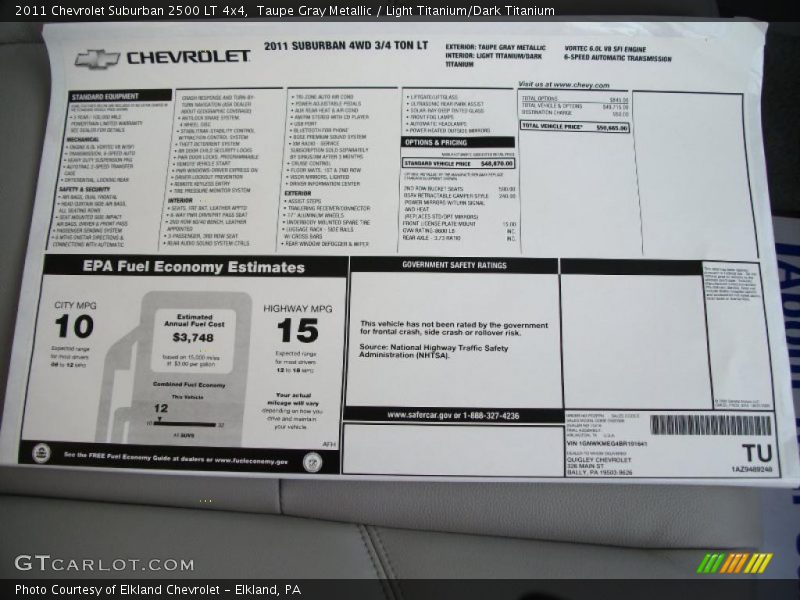  2011 Suburban 2500 LT 4x4 Window Sticker