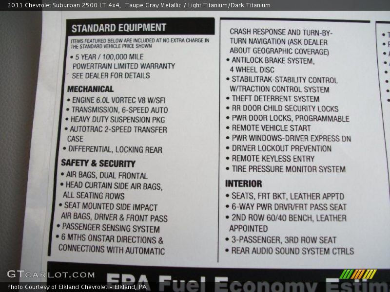  2011 Suburban 2500 LT 4x4 Window Sticker