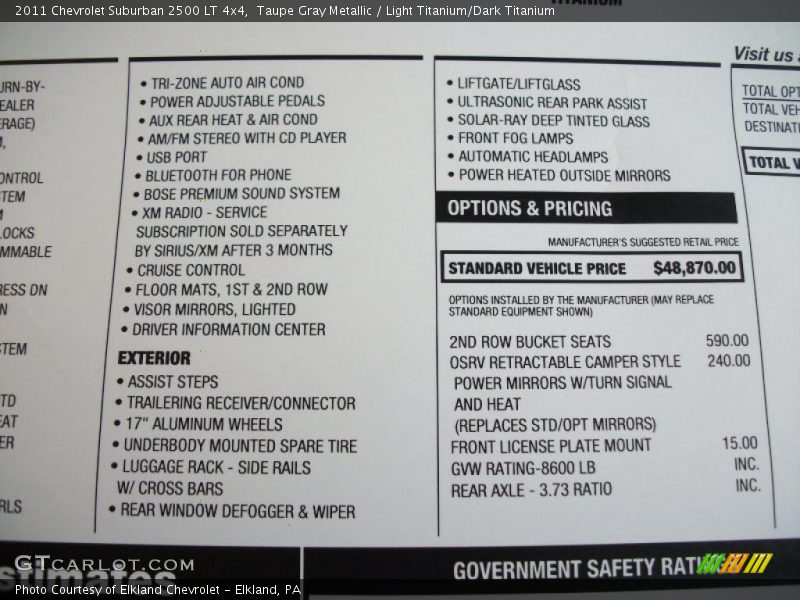  2011 Suburban 2500 LT 4x4 Window Sticker