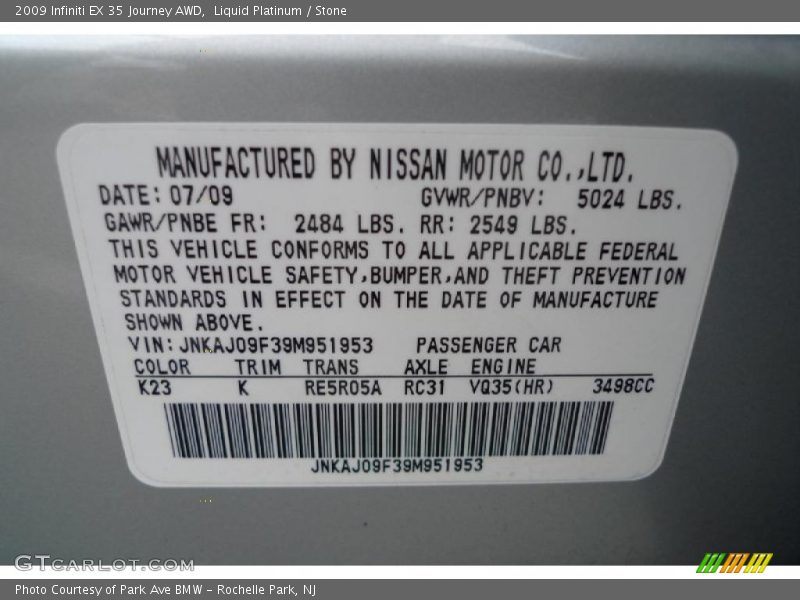 2009 EX 35 Journey AWD Liquid Platinum Color Code K23