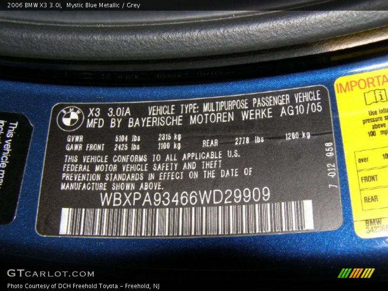 Mystic Blue Metallic / Grey 2006 BMW X3 3.0i
