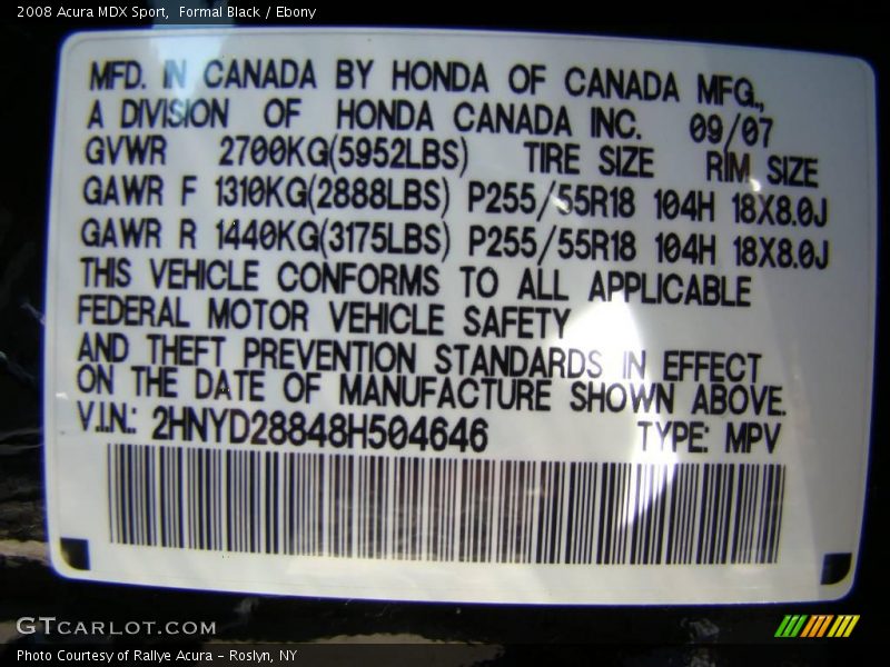 Formal Black / Ebony 2008 Acura MDX Sport